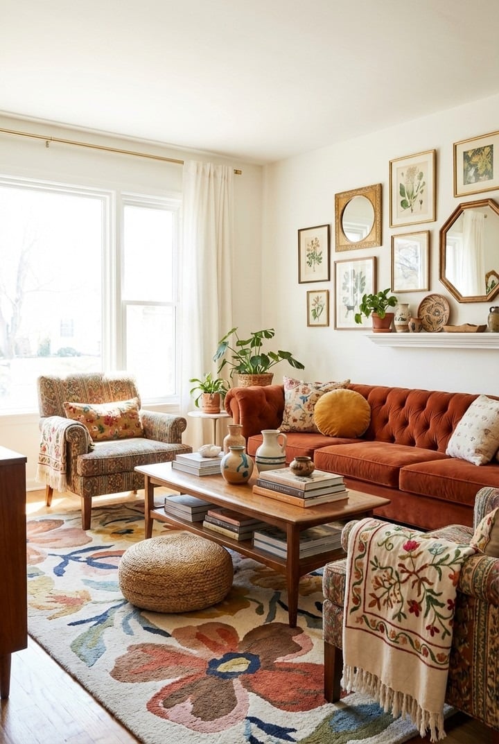 14. Vintage-Inspired Living in Rust and Cream - warm and cozy living room ideas