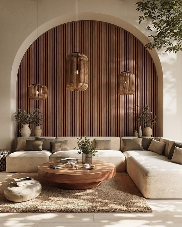 15. Architectural Living Room in Beige and Natural Wood - warm and cozy living room ideas