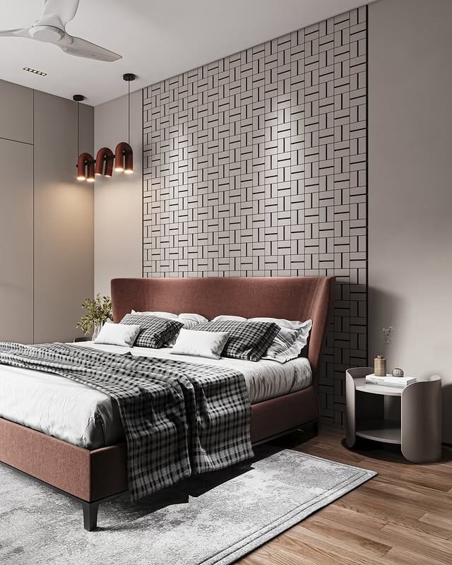 8. Contemporary Tan Bedroom with Geometric Wall Design - tan bedroom ideas