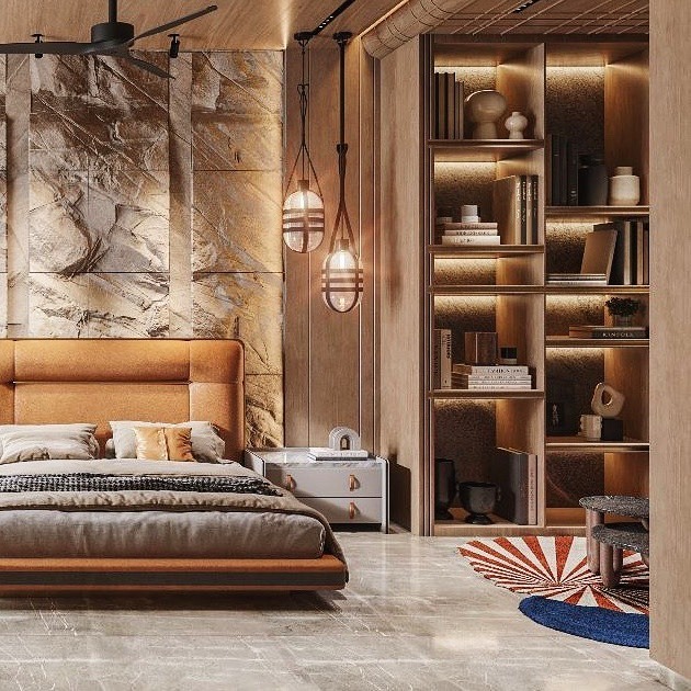9. Luxury Tan Bedroom with Integrated Shelving - tan bedroom ideas