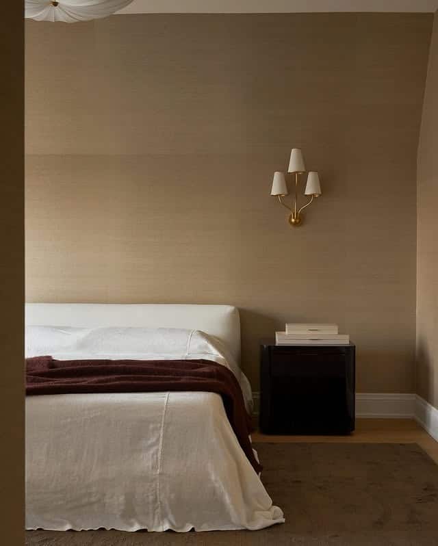 22. Minimal Tan Bedroom with Wallcovering Focus - tan bedroom ideas