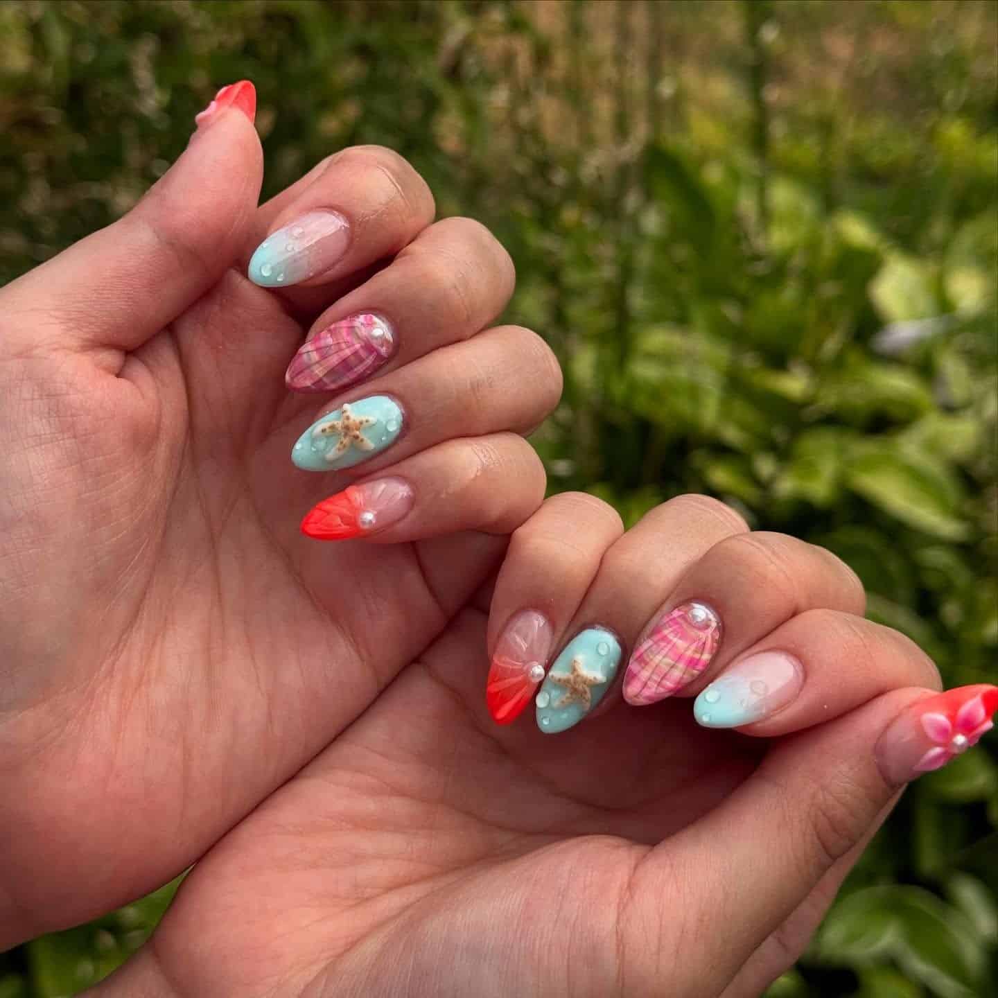 1. Coastal Jelly Starfish Nails in Aqua and Coral - asian nail ideas