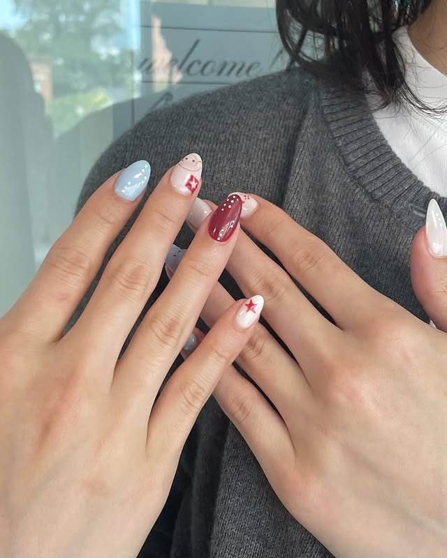 2. Soft Americana Short Nails in Red, Blue, and Milky White - asian nail ideas