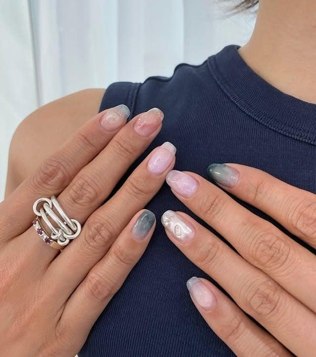 4. Cloudy Pearl Nails in Blush and Smoky Blue - asian nail ideas