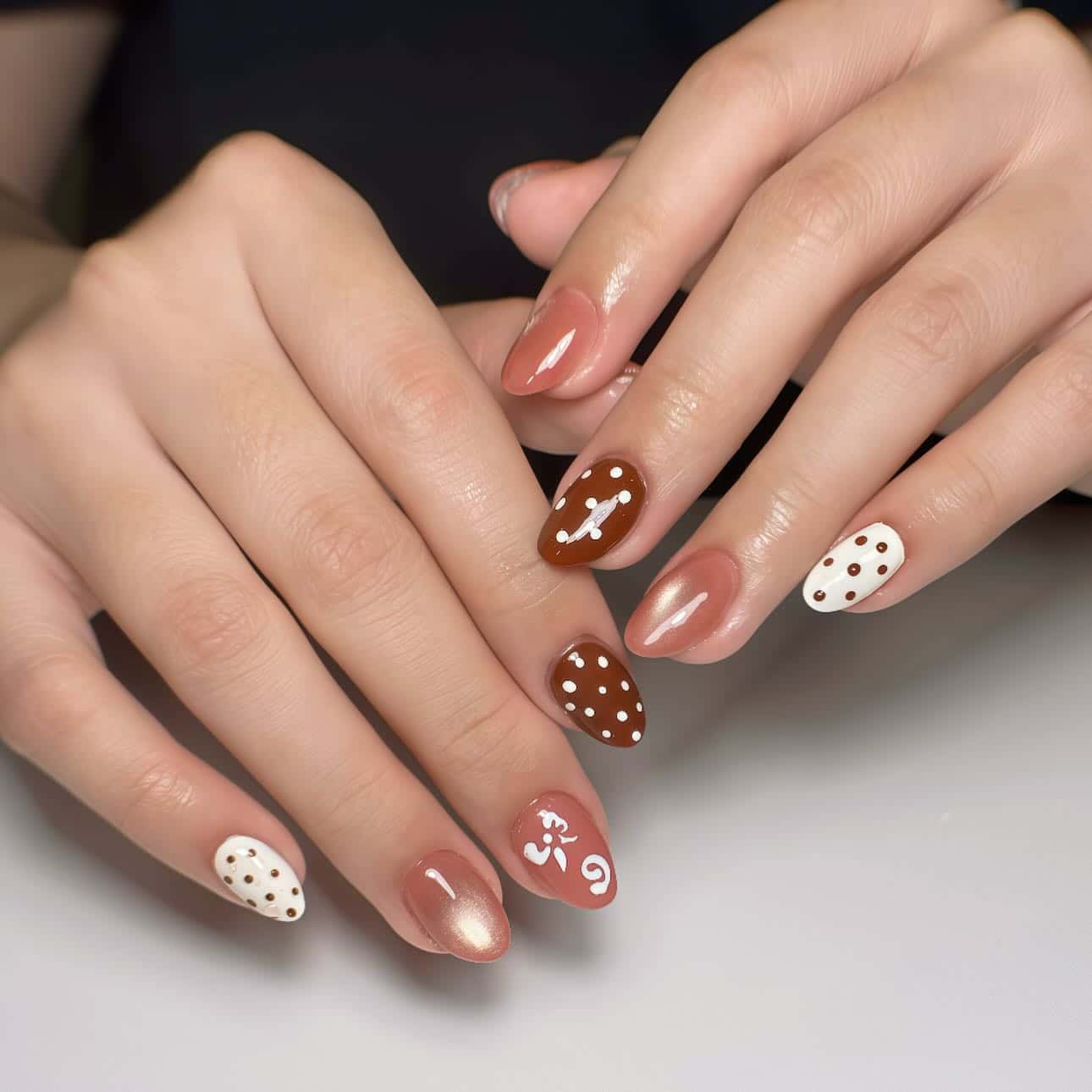 10. Minimal Dot Art Nails in Brown, Cream, and Nude - asian nail ideas