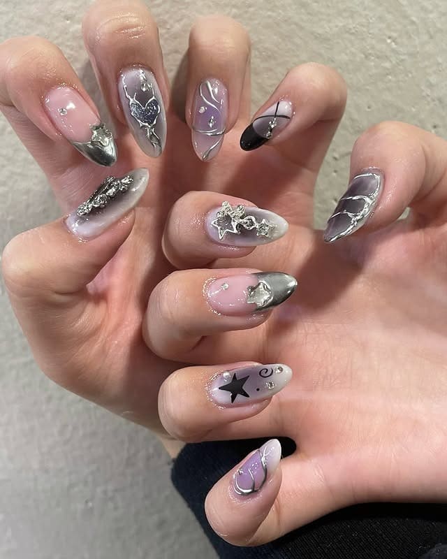 12. Chrome Star Accent Nails in Silver and Sheer Pink - asian nail ideas