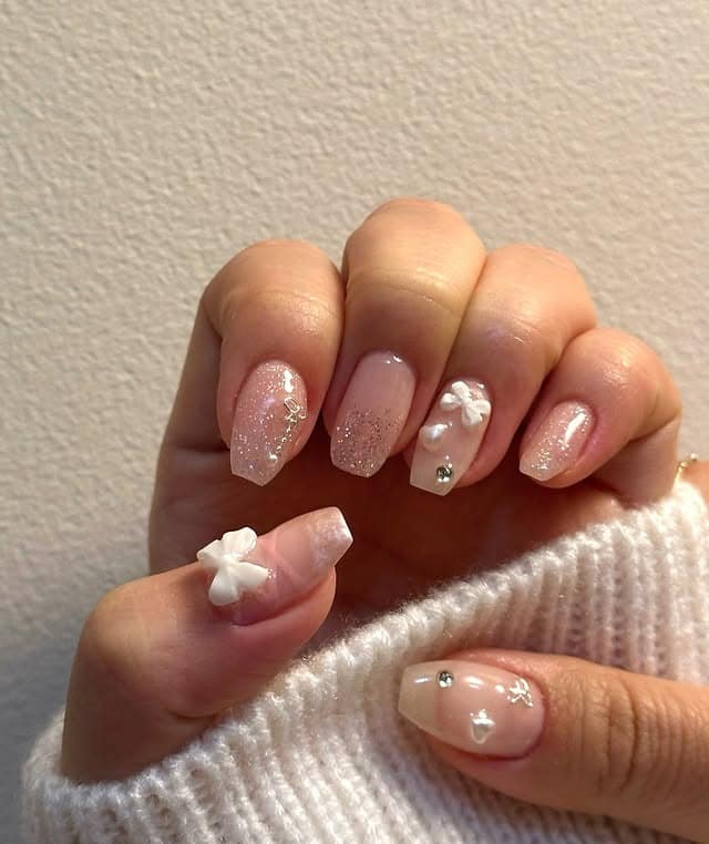 15. Blush Glitter Blossom Nails with 3D Accents - asian nail ideas