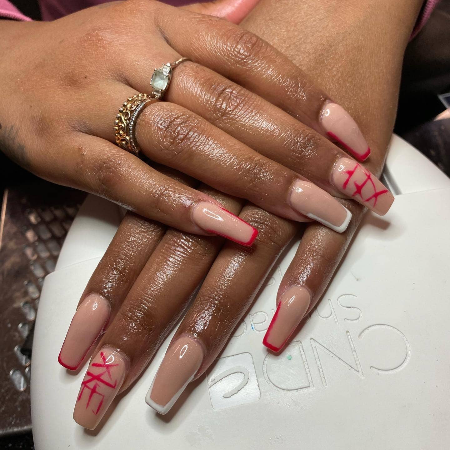 17. Graphic French Tip Nails in Nude and Red - asian nail ideas