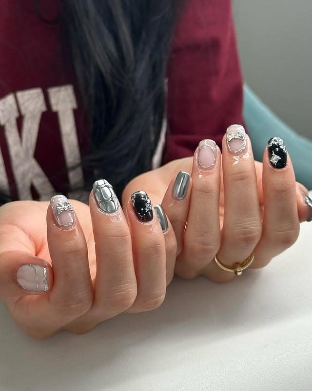 22. Modern Chrome Mix Nails in Silver, Black, and Nude - asian nail ideas
