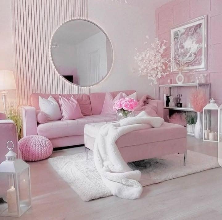2. Soft Blush Elegance with Modern Glam Touches - pink living room ideas