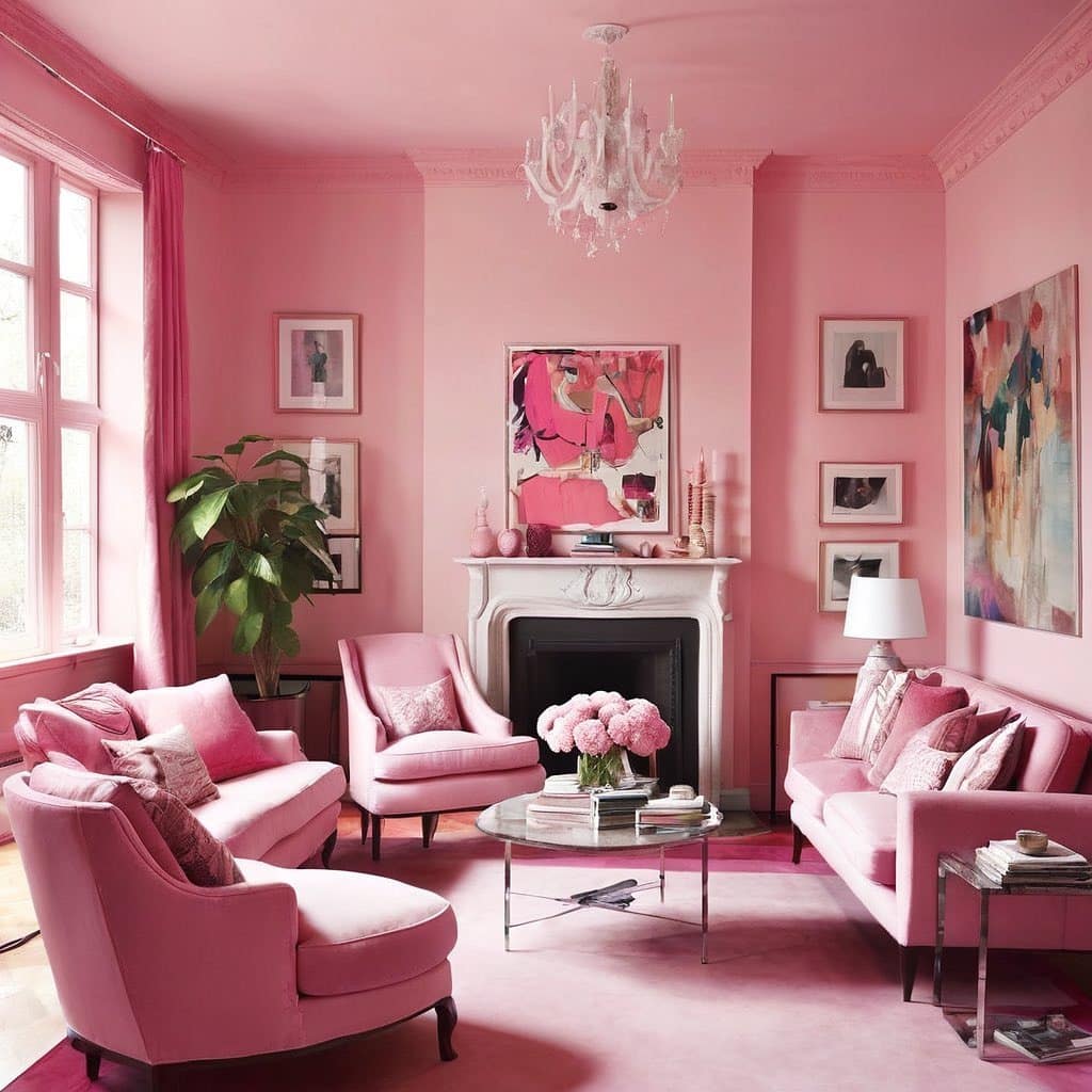 5. Classic Pink Living Room with Symmetrical Styling - pink living room ideas