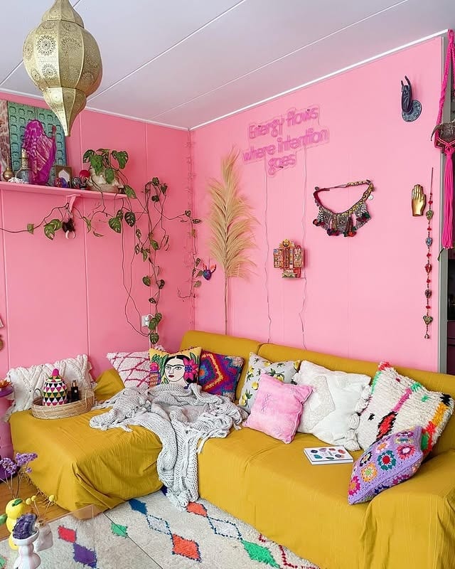 8. Bohemian Pink Living Room with Global Influence - pink living room ideas