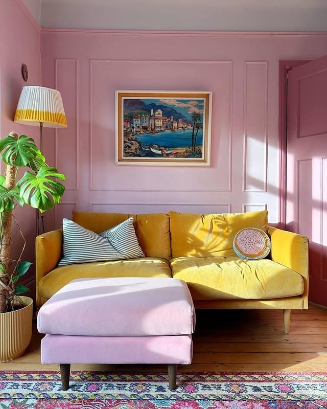 12. Rose Pink Panelled Living Room with Mustard Contrast - pink living room ideas
