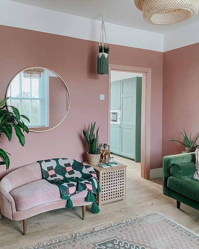13. Earthy Pink Living Room with Soft Green Accents - pink living room ideas
