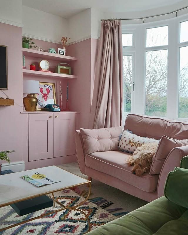15. Soft Blush Family Living Room with Built-In Storage - pink living room ideas