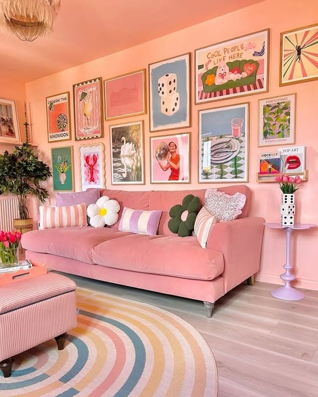 17. Playful Pink Living Room with Gallery Wall Styling - pink living room ideas