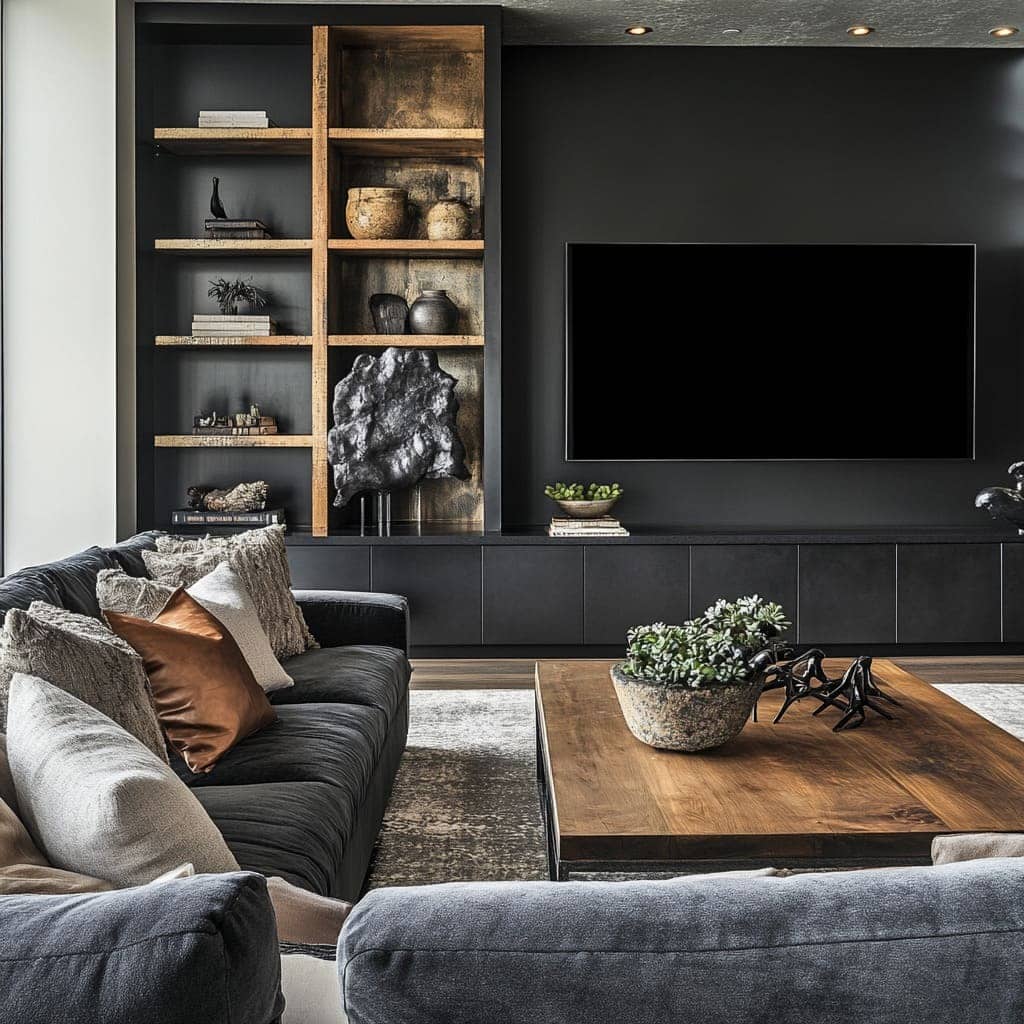 2. Contemporary Media Wall with Black and Natural Wood - black and brown living room ideas