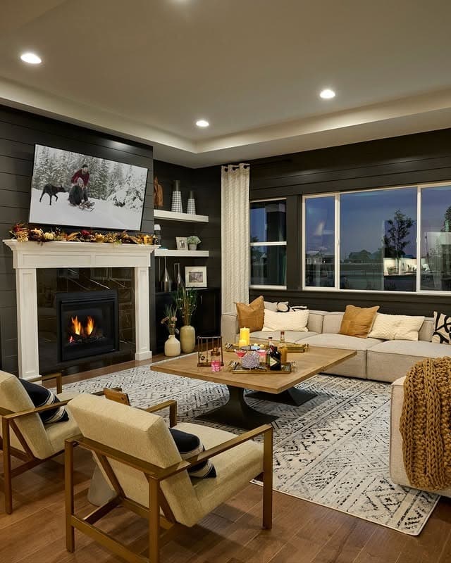 5. Classic Fireplace Living Room with Black and Tan - black and brown living room ideas