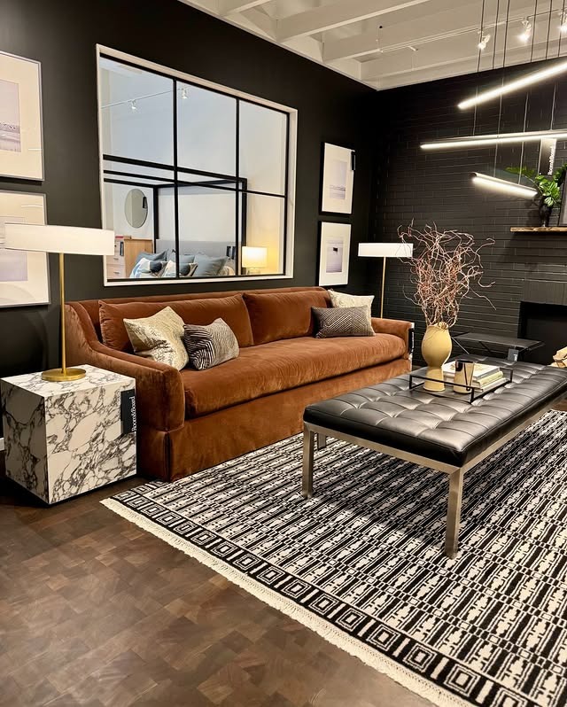 9. Modern Loft-Style Living Room in Black and Chestnut - black and brown living room ideas