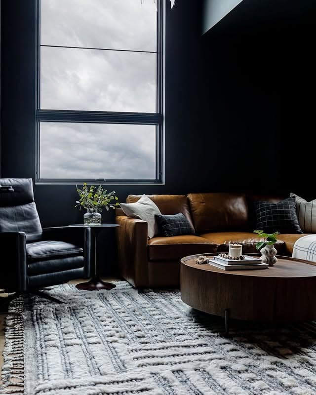 10. Contemporary Living Room with Black Walls and Walnut Accents - black and brown living room ideas