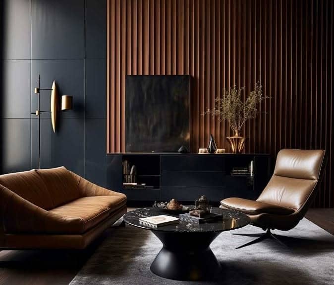11. Modern Lounge with Black Paneling and Warm Brown Leather - black and brown living room ideas