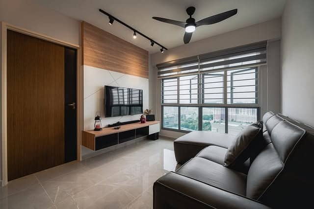 13. Minimal Media Room in Black, Walnut, and Charcoal - black and brown living room ideas