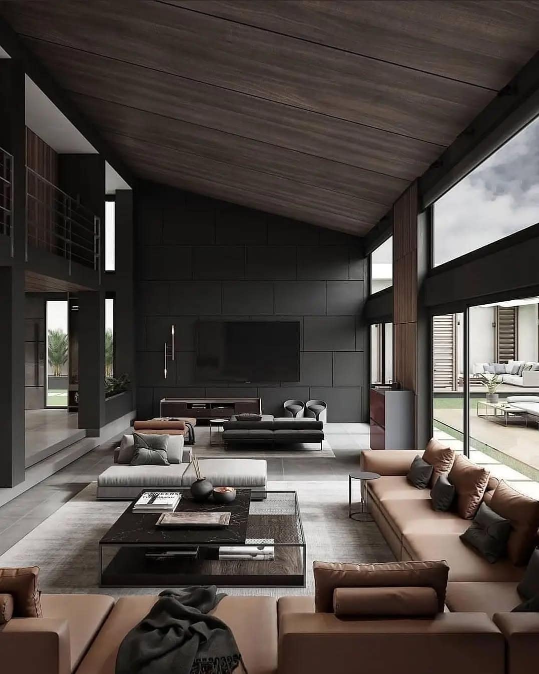 15. Contemporary Great Room with Black Architecture and Taupe Seating - black and brown living room ideas