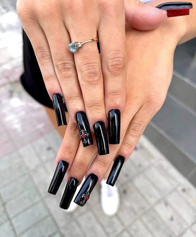 5. Long Black Square Nails with Crystal Accents - black square nail ideas