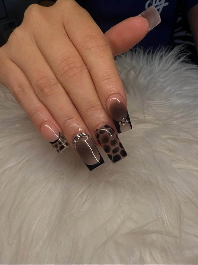 9. Black Square French Nails with Crystal Cuticle Detail - black square nail ideas