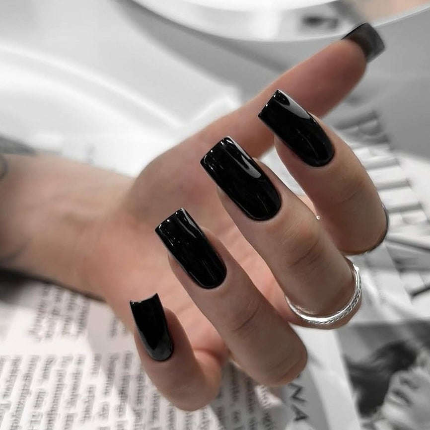 12. Classic Short Black Square Gel Nails - black square nail ideas
