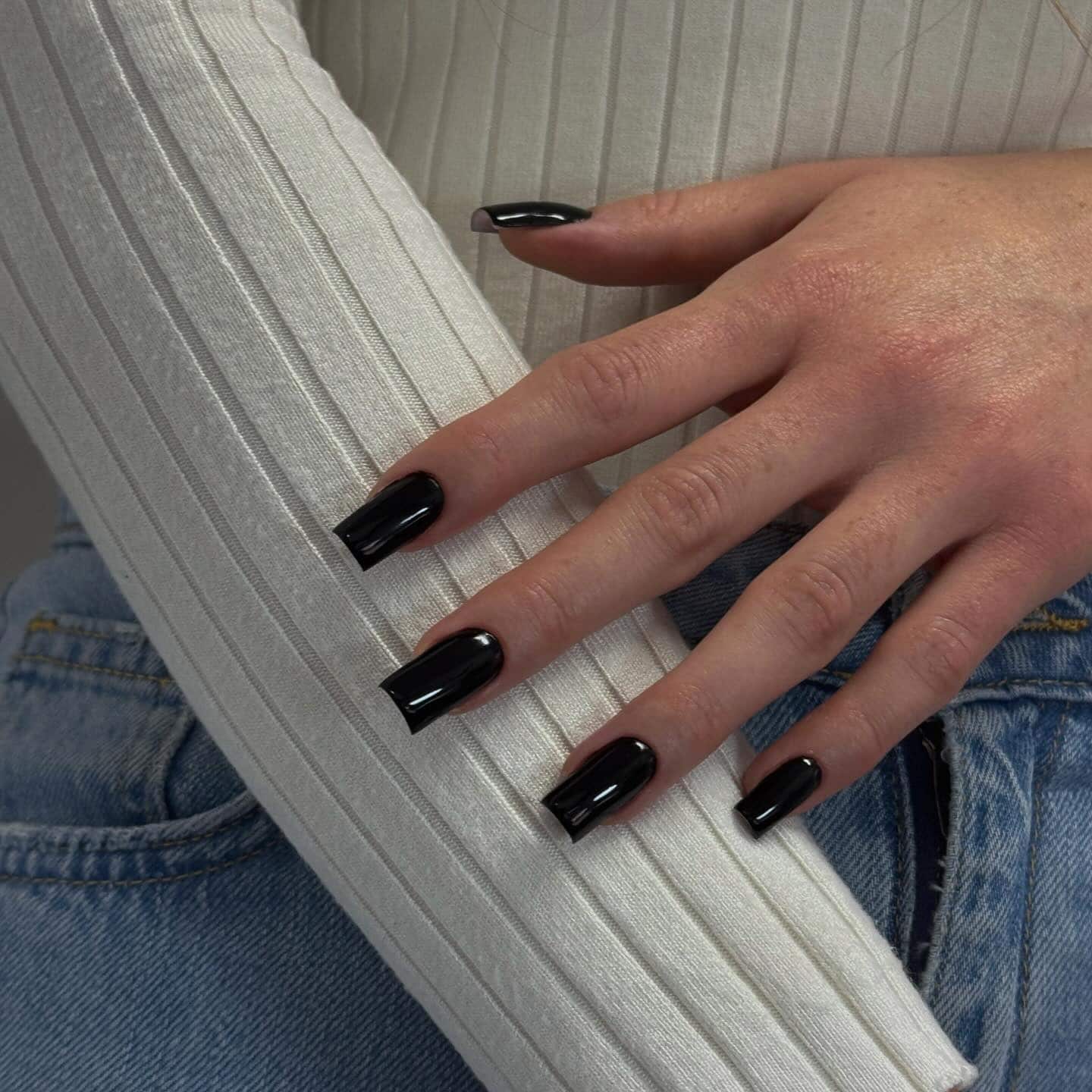 13. Medium-Length Black Square Nails with Clean Gloss - black square nail ideas