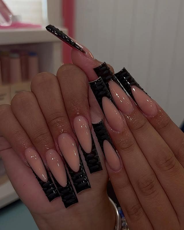 14. Black Square French with Nude Base and Structured Tips - black square nail ideas