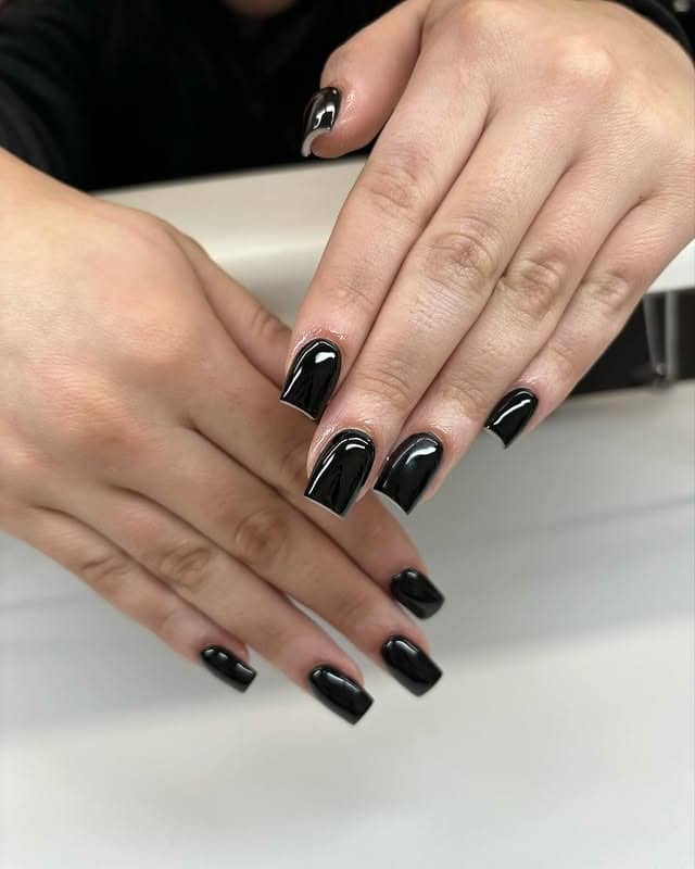 15. Sculpted Nude and Black Square Nails with Textured Accents - black square nail ideas