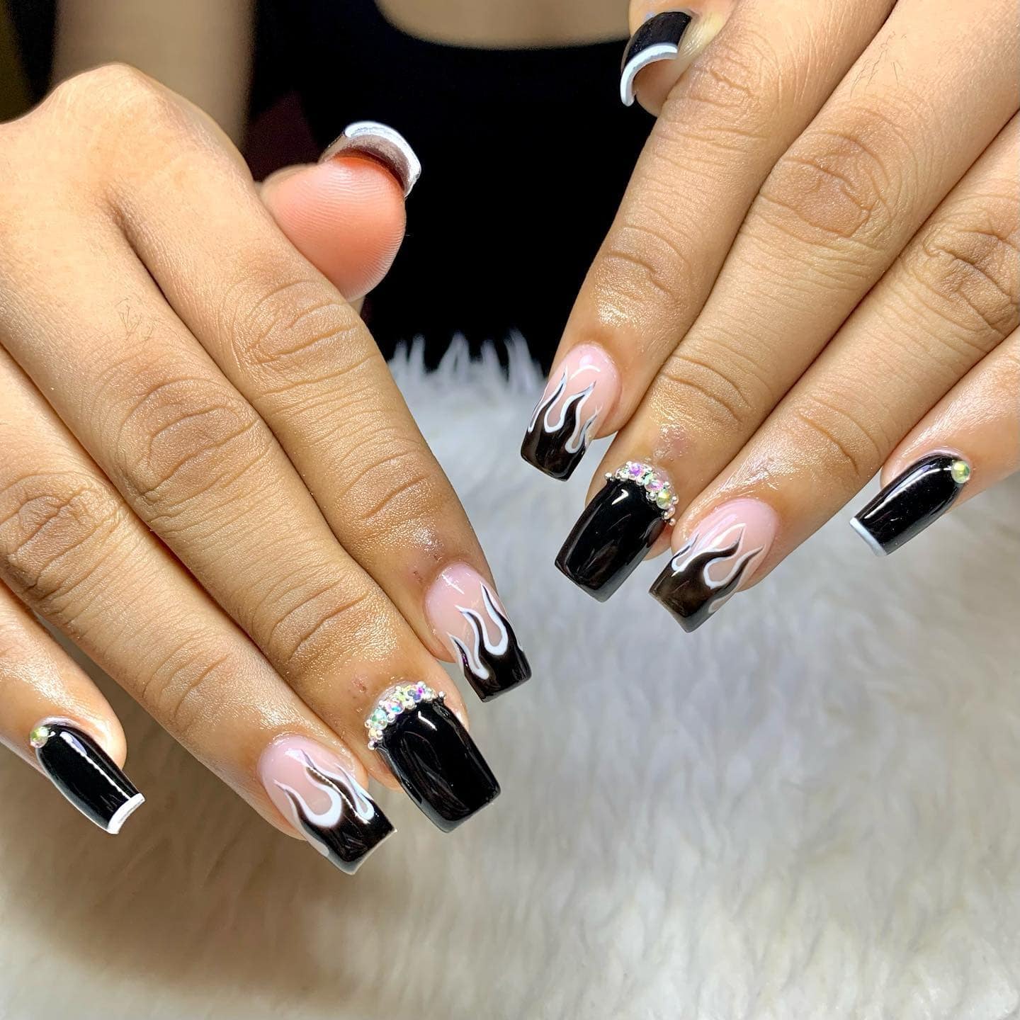 17. Leopard Accent Black Square Nails with Gloss Overlay - black square nail ideas