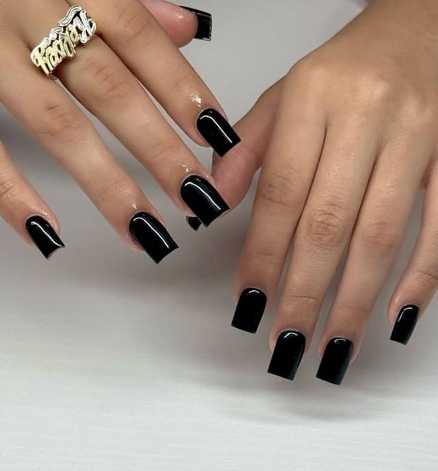 18. Black Square Nails with Flame Art and Crystal Detail - black square nail ideas