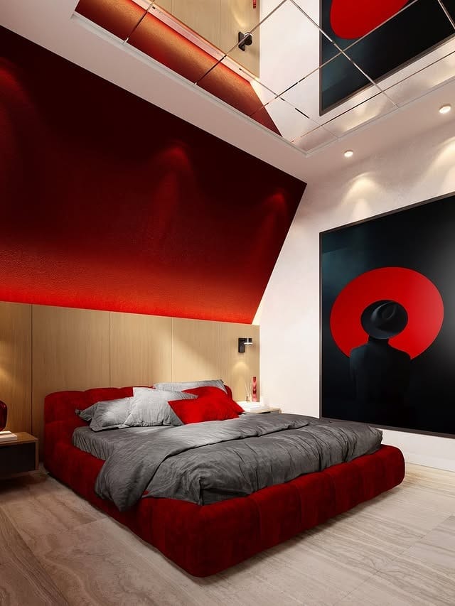 8. Architectural Red Statement Space - red bedroom ideas