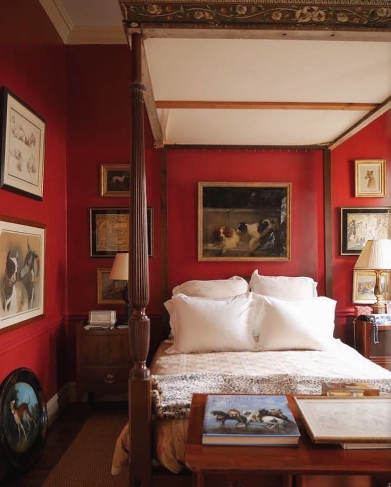 10. Traditional Red Bedroom with Art Focus - red bedroom ideas