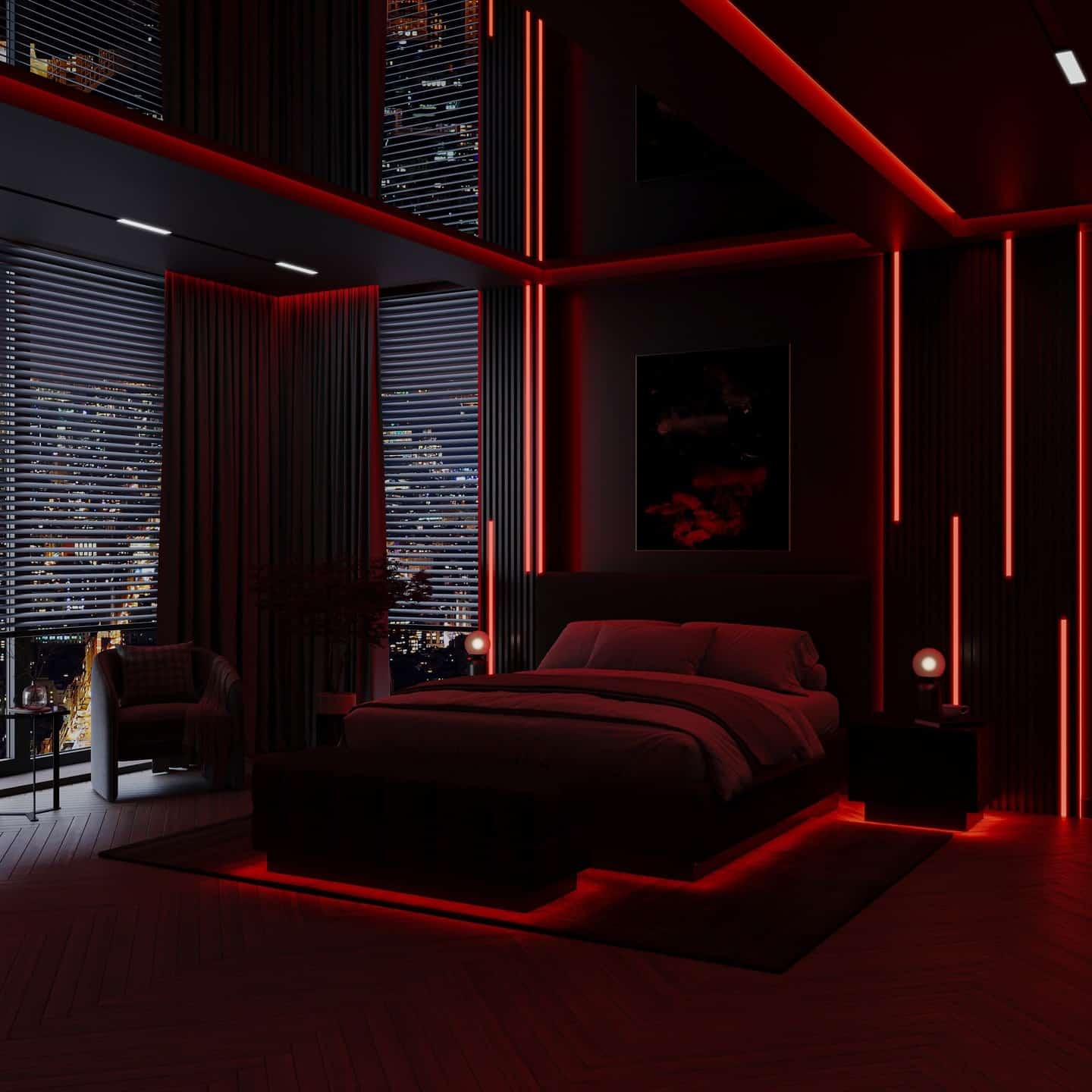 20. Modern Dark Red Bedroom with Architectural Lighting - red bedroom ideas