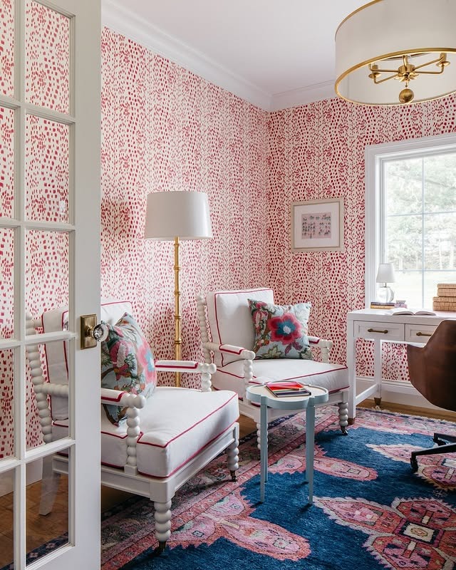 1. Classic Patterned Pink Office with Traditional Charm - pink office ideas