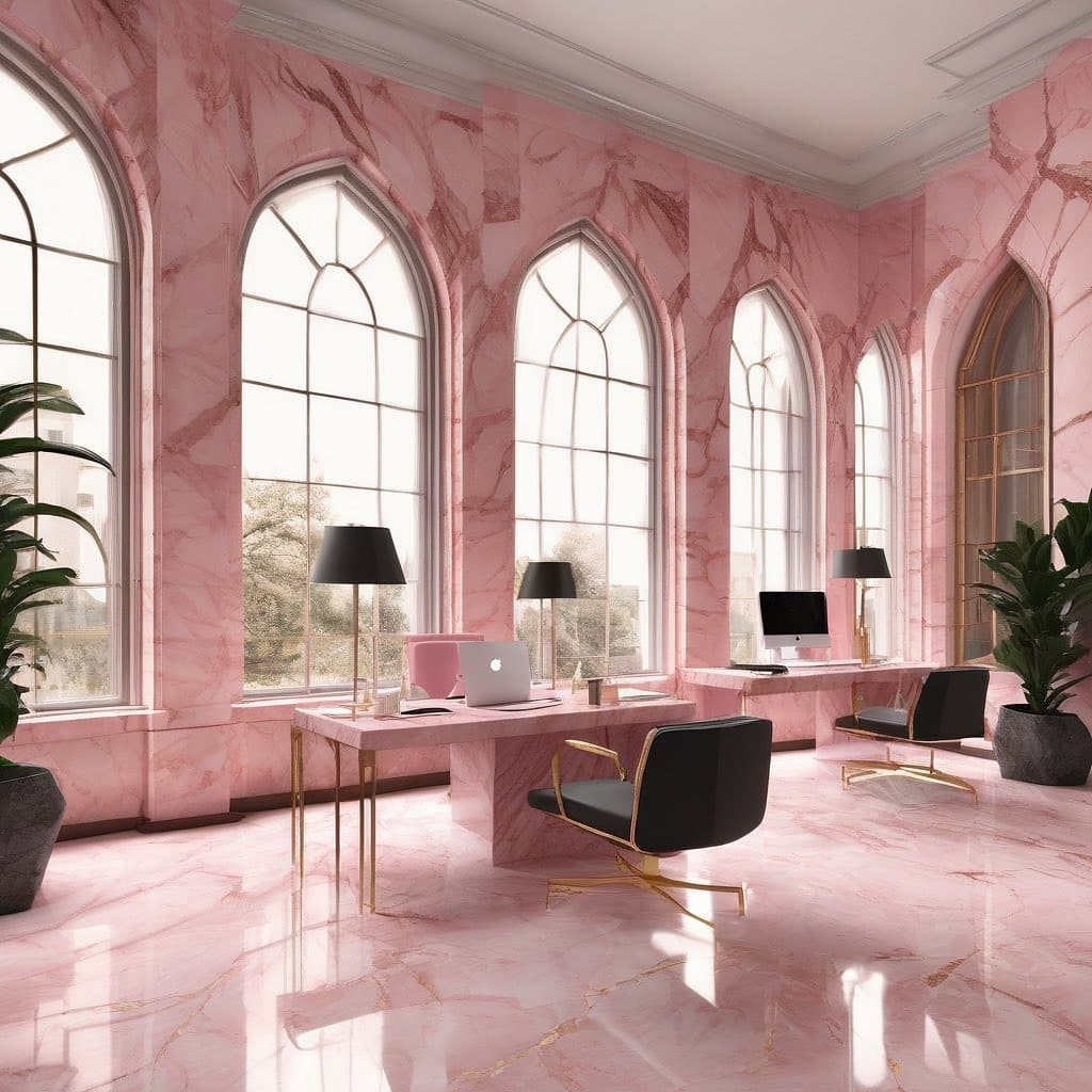 2. Rose Marble Statement Office with Architectural Drama - pink office ideas