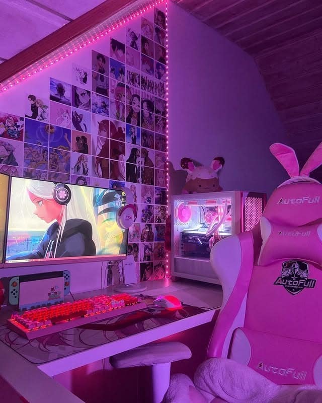 4. Playful Pink Gaming Office with LED Lighting - pink office ideas