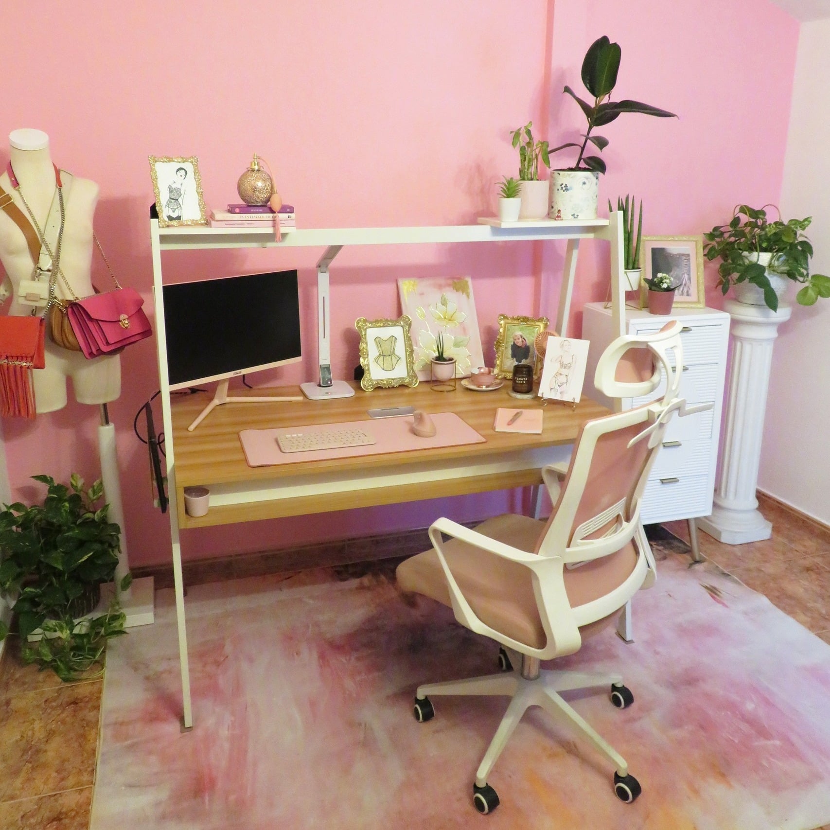 6. Feminine Pink Home Office with Styled Accessories - pink office ideas