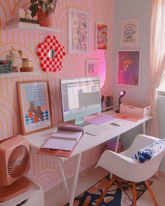 8. Patterned Pink Office with Creative Wall Styling - pink office ideas