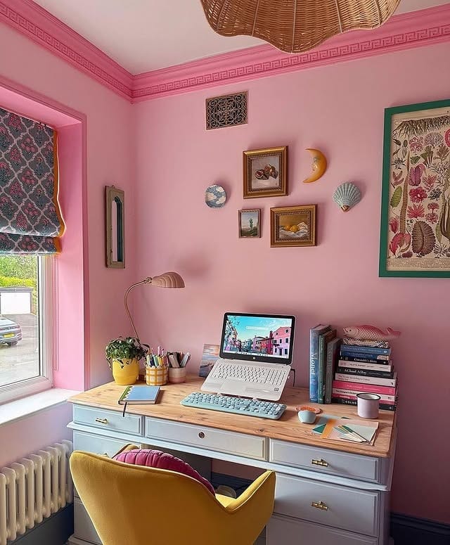 11. Glamorous Blush Office with Gold Accents - pink office ideas