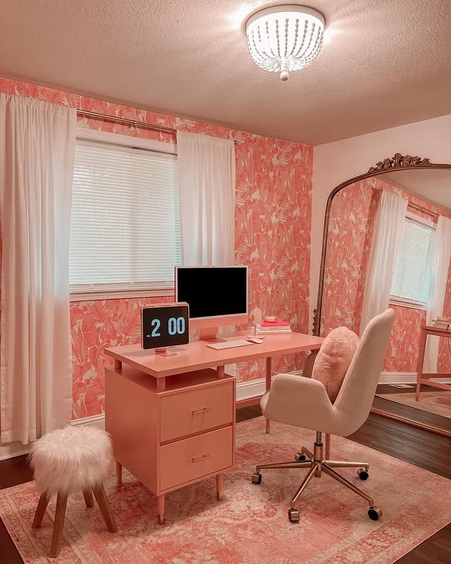 12. Vintage-Inspired Pink Office with Cozy Details - pink office ideas