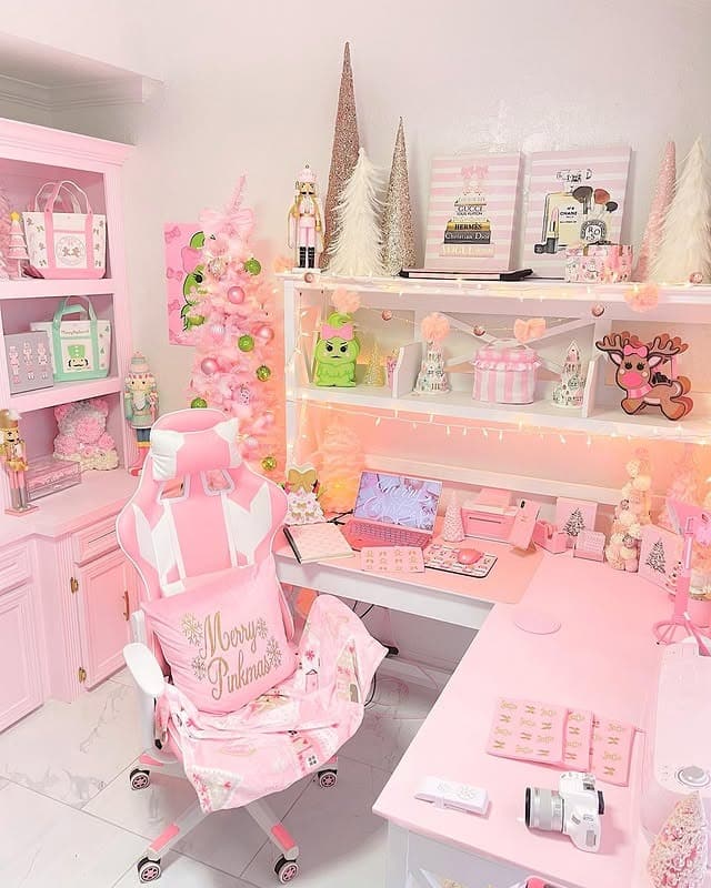 15. Creative Pink Studio Office with Personalized Decor - pink office ideas