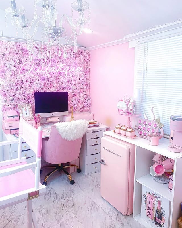 16. Whimsical Pink Office with Decorative Displays - pink office ideas