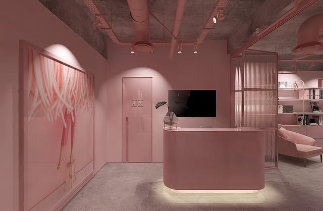 17. Floral Pink Office with Statement Wall - pink office ideas