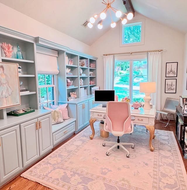 20. Playful Pink Home Office with Art-Led Styling - pink office ideas