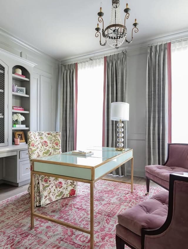 21. Elegant Soft Pink Home Office with Custom Built-Ins - pink office ideas